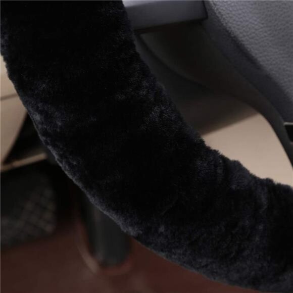 Fluffy Wool Sheepskin Fuzzy Black Car Steering Wheel Cover for Universal Auto - Picture 3 of 7